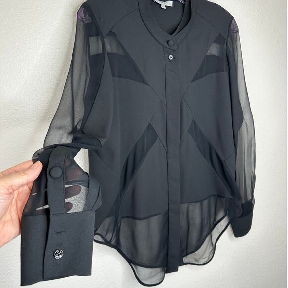 IRO Black Mandarin Collar Hidden Button Long Sleeve Mixed Media Blouse 40 / M - Picture 1 of 13